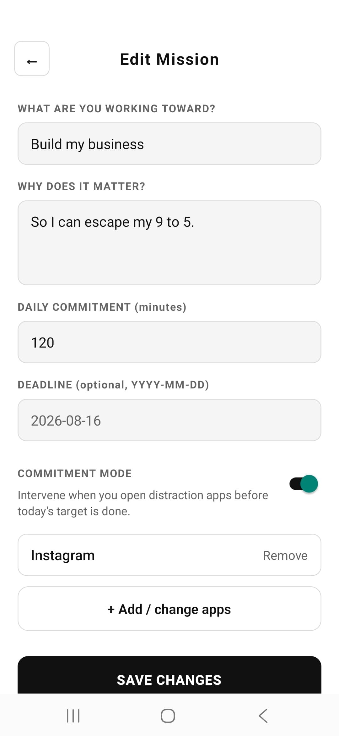 Edit Mission — goal, why, daily commitment, and blocked apps