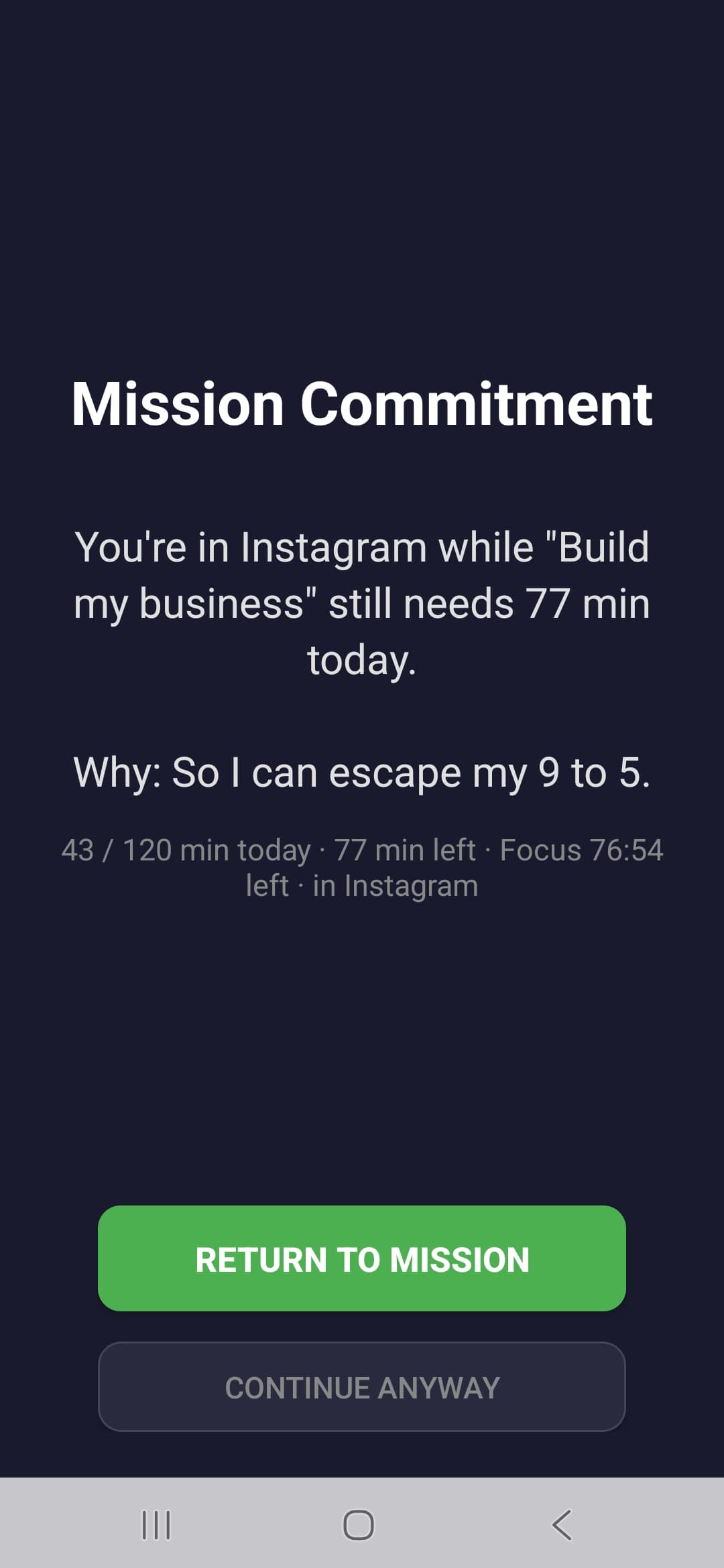 Mission Commitment intervening when a distraction app is opened