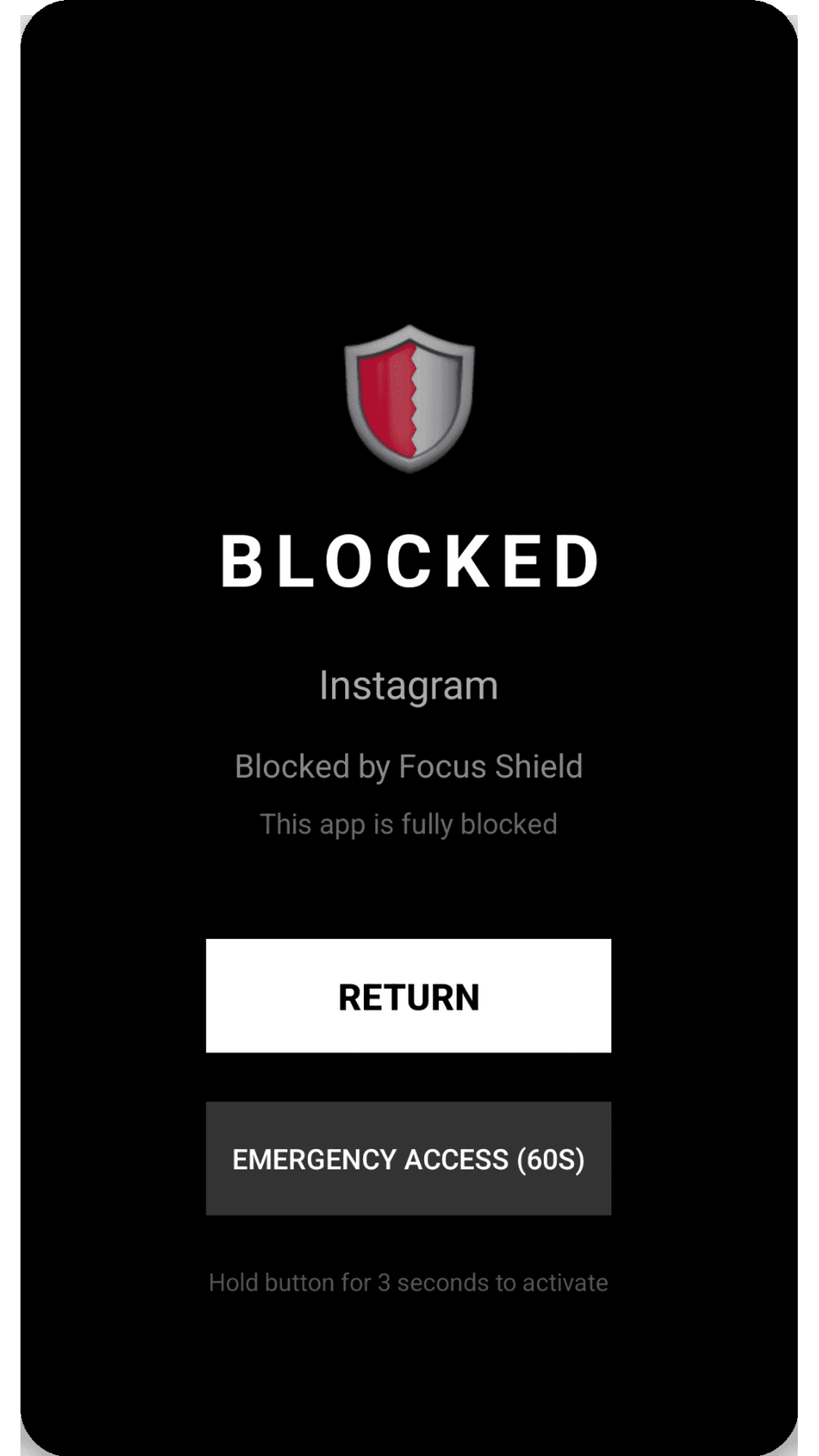 Blocked screen showing that Instagram is blocked by Focus Shield