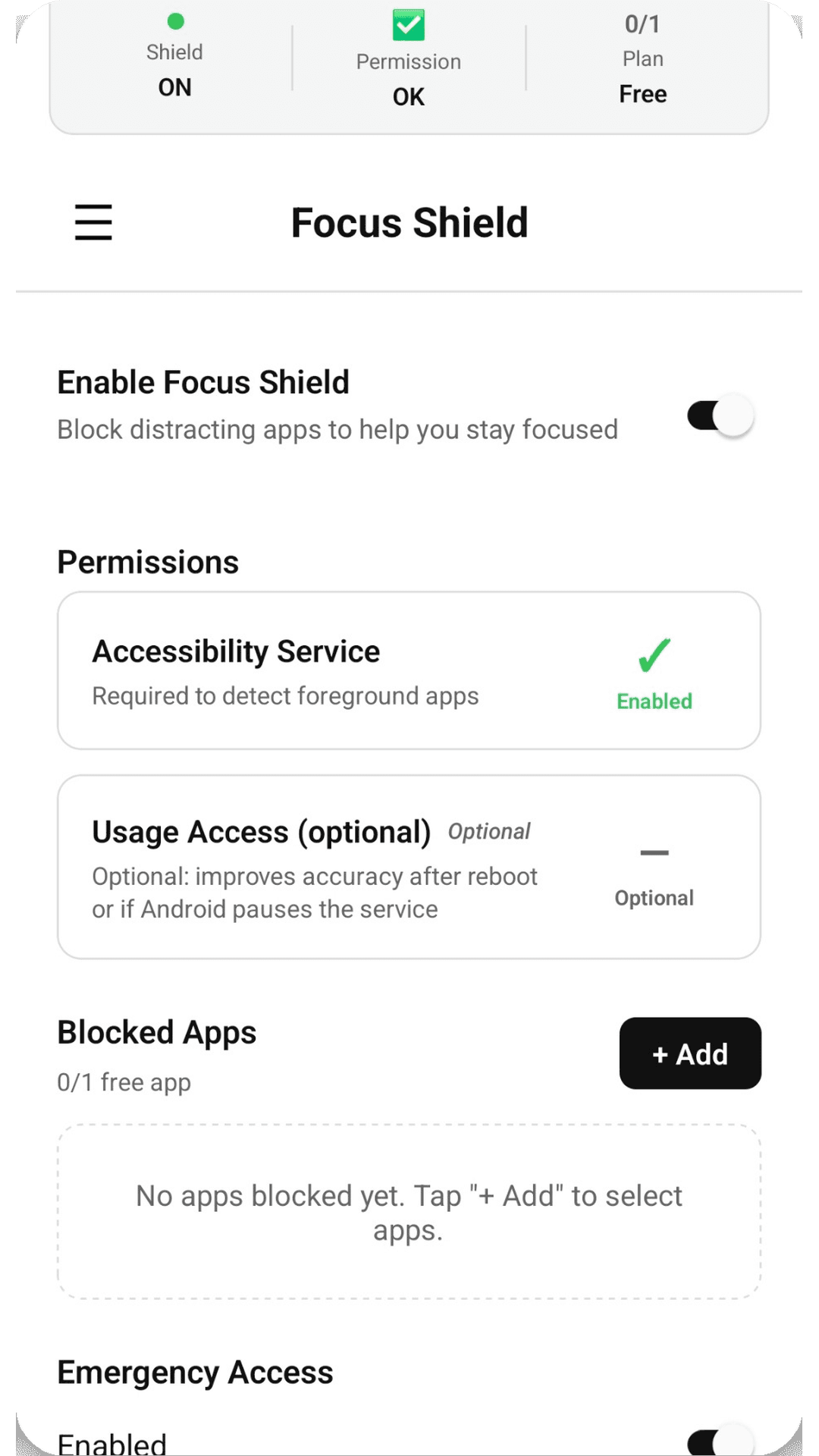 Focus Shield main screen showing permissions and blocked apps